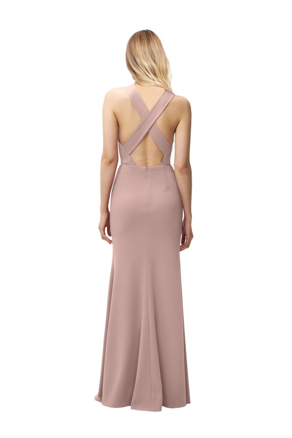 Compre Rosa empolvado Cubierta Halter Cuello Alto Crepé Elástico Largo Vestidos de dama de honor / Vestidos de fiesta