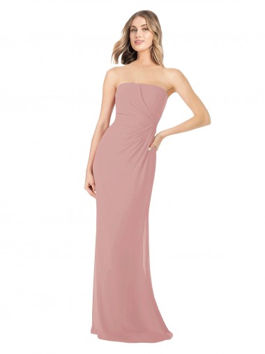 Compre Rosa empolvado Cubierta Sin tirantes Gasa Largo Vestidos de dama de honor