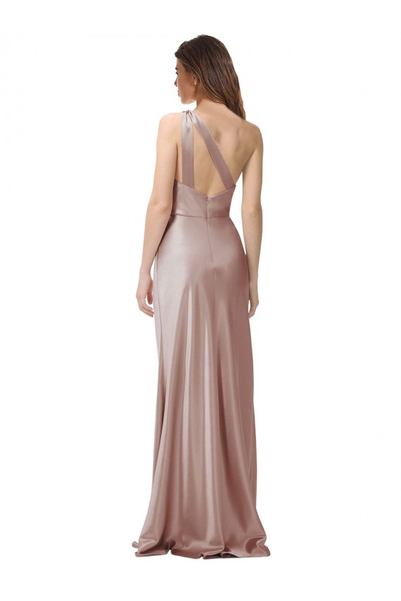 Compre Rosa empolvado Cubierta Un Hombre Satén elástico Largo Formales Vestidos de dama de honor / Vestidos de fiesta