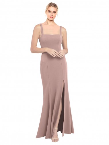 Compre Rosa empolvado Sirena Cuadrado Cuello Alto Crepé Elástico Largo Vestidos de dama de honor / Vestidos de fiesta