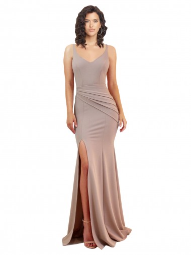 Compre Rosa empolvado Sirena Cuello en V Crepé Elástico Largo Formales Vestidos de dama de honor / Vestidos de fiesta