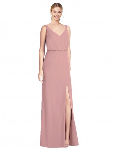 Compre Rosa empolvado Sirena Cuello en V Gasa Largo Vestidos de dama de honor