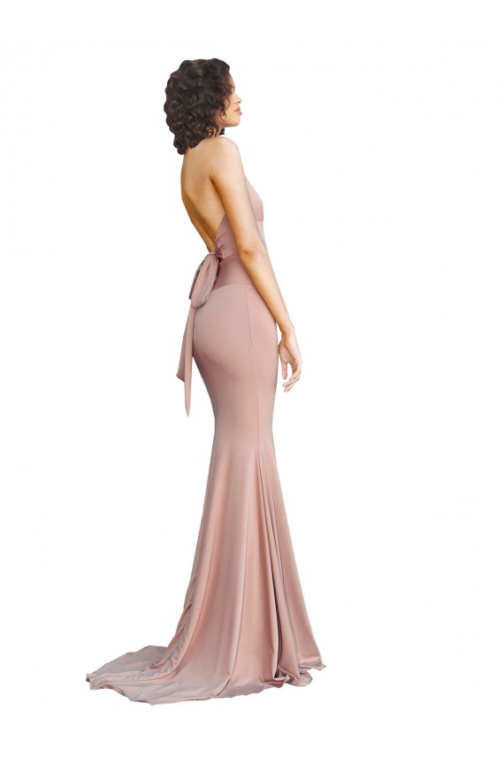 Compre Rosa empolvado Sirena Cuello en V Spandex Largo Formales Vestidos de dama de honor / Vestidos de fiesta
