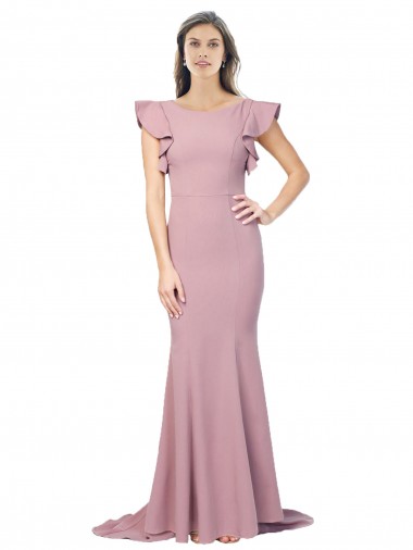 Compre Rosa empolvado Sirena Cuello redondo Barrer tren Crepé Elástico Largo Formales Vestidos de dama de honor / Vestidos de fiesta