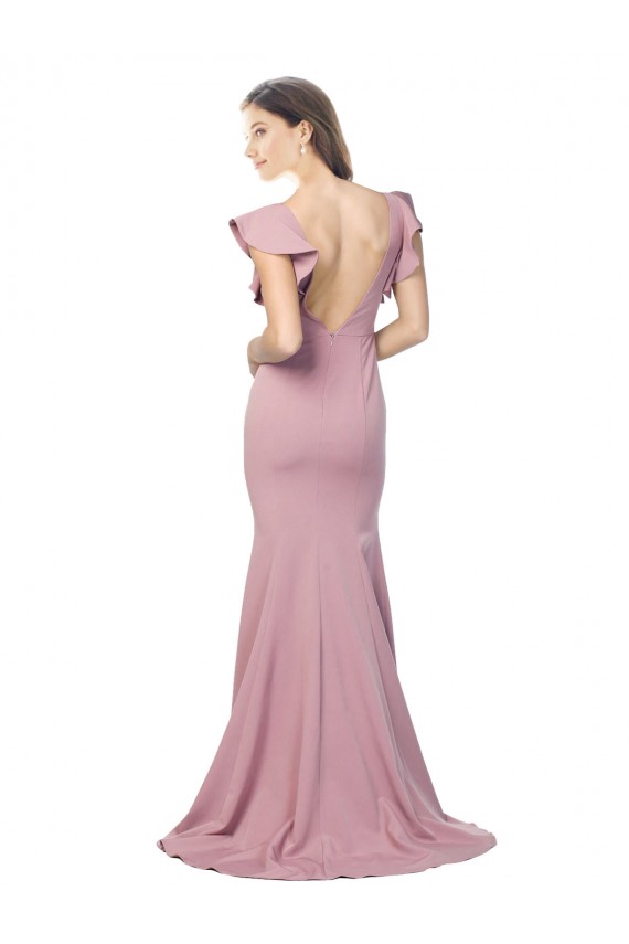 Compre Rosa empolvado Sirena Cuello redondo Barrer tren Crepé Elástico Largo Formales Vestidos de dama de honor / Vestidos de fiesta