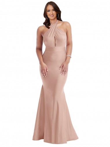 Compre Rosa empolvado Sirena Halter Satén sedoso Largo Formales Vestidos de dama de honor / Vestidos de fiesta