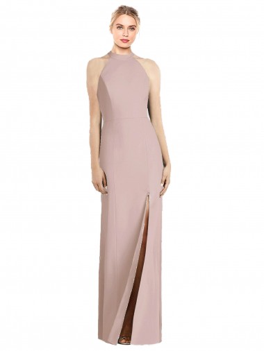 Compre Rosa empolvado Trompeta Halter Crepé Elástico Largo Vestidos de dama de honor