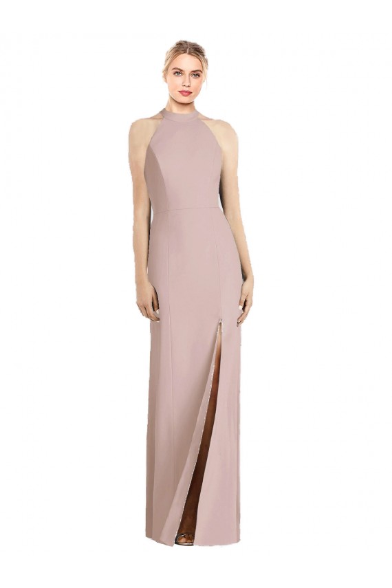 Compre Rosa empolvado Trompeta Halter Crepé Elástico Largo Vestidos de dama de honor