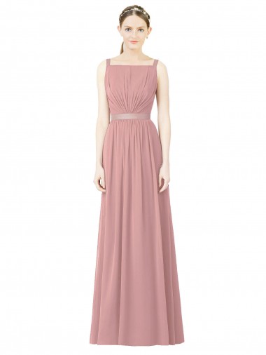 Compre Rosa empolvado línea A Cuello Alto Gasa Largo Vestidos de dama de honor