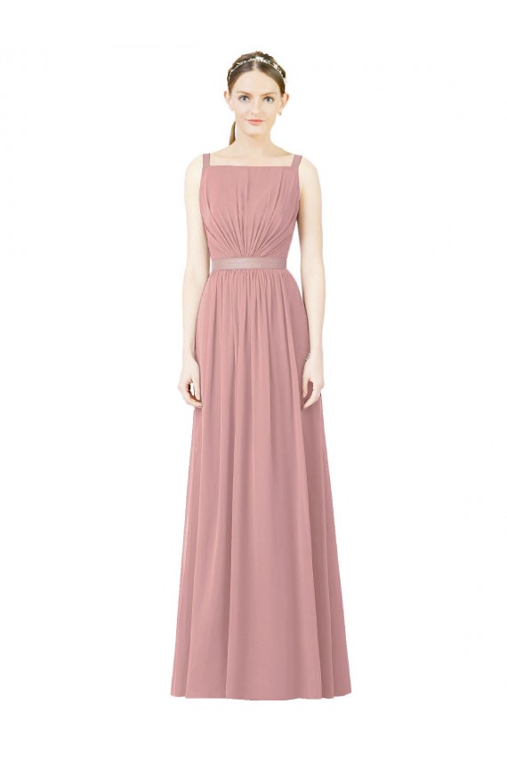 Compre Rosa empolvado línea A Cuello Alto Gasa Largo Vestidos de dama de honor