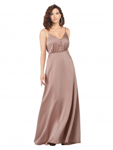 Compre Rosa empolvado línea A Cuello en V Cuello de Corazón Satén sedoso Largo Formales Vestidos de dama de honor / Vestidos de noche