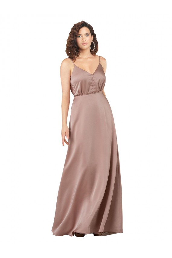 Compre Rosa empolvado línea A Cuello en V Cuello de Corazón Satén sedoso Largo Formales Vestidos de dama de honor / Vestidos de noche