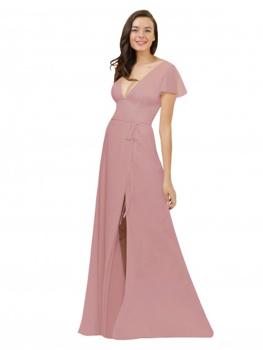 Compre Rosa empolvado línea A Cuello en V Gasa Largo Vestidos de dama de honor