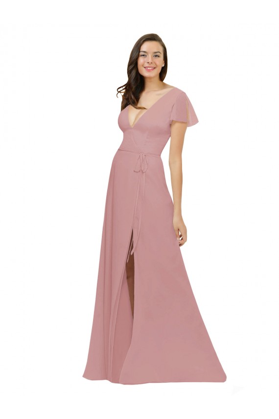 Compre Rosa empolvado línea A Cuello en V Gasa Largo Vestidos de dama de honor
