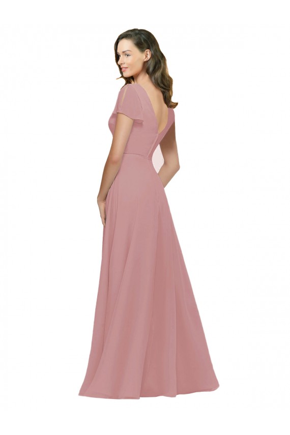 Compre Rosa empolvado línea A Cuello en V Gasa Largo Vestidos de dama de honor