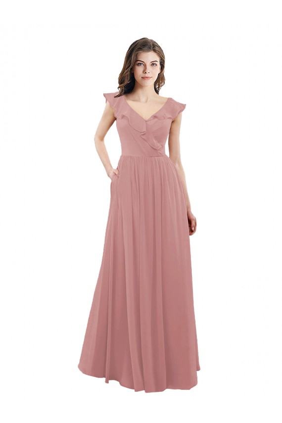 Compre Rosa empolvado línea A Cuello en V Gasa Largo Vestidos de dama de honor