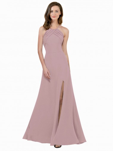 Compre Rosa empolvado línea A Cuello joya Cuello Alto Crepé Elástico Largo Vestidos de dama de honor / Vestidos de fiesta