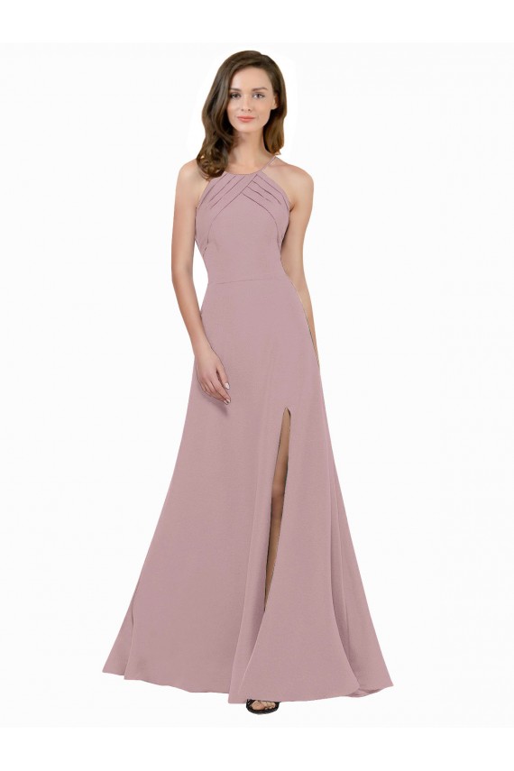 Compre Rosa empolvado línea A Cuello joya Cuello Alto Crepé Elástico Largo Vestidos de dama de honor / Vestidos de fiesta