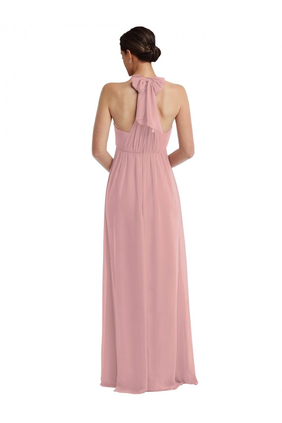 Compre Rosa empolvado línea A Halter Gasa Largo Vestidos de dama de honor