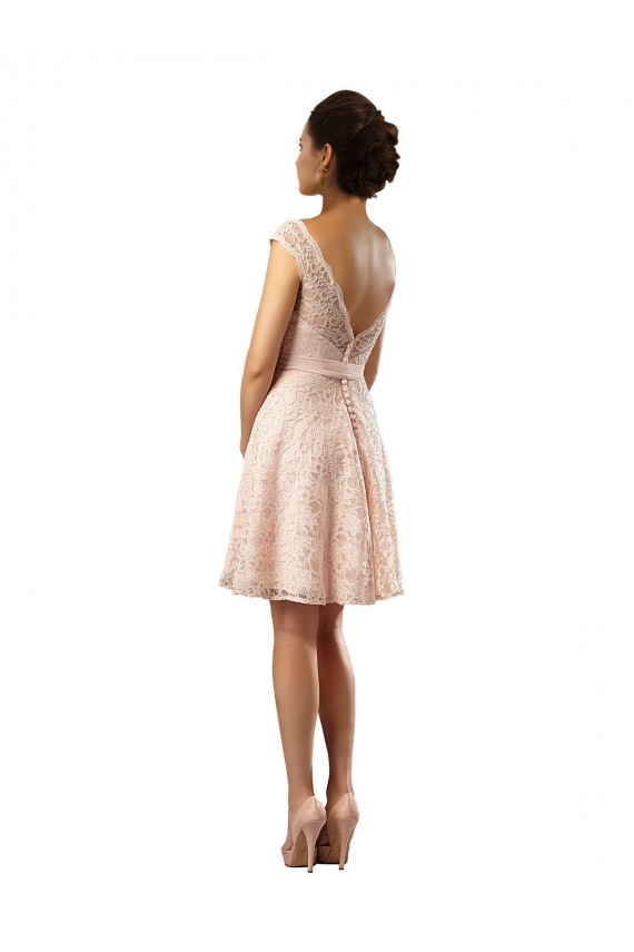 Compre Rosa línea A Barco Ilusión Gasa Encaje Corto Vestidos de dama de honor