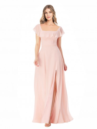 Compre Rosa línea A Cuadrado Gasa Largo Vestidos de dama de honor