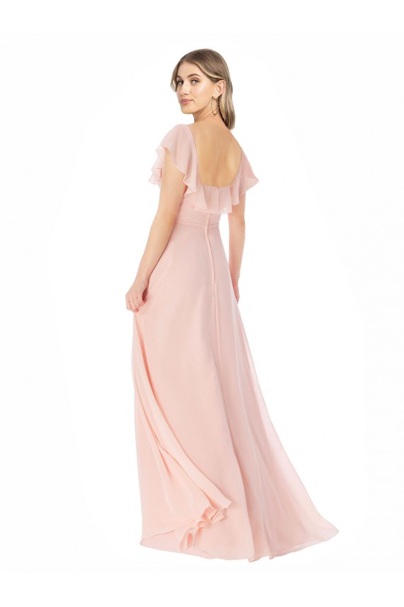 Compre Rosa línea A Cuadrado Gasa Largo Vestidos de dama de honor