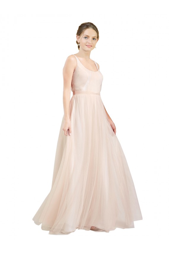 Compre Rosa línea A Cucharón Tul Largo Vestidos de dama de honor