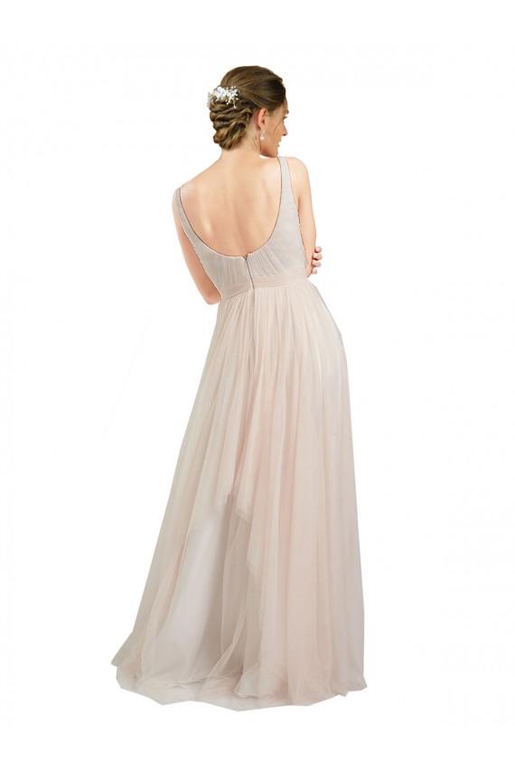 Compre Rosa línea A Cucharón Tul Largo Vestidos de dama de honor