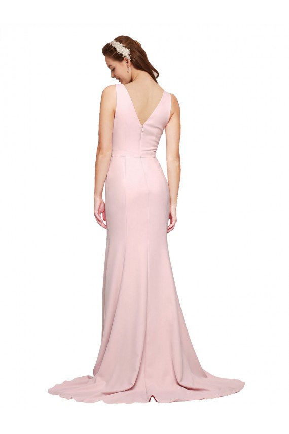 Compre Rosa línea A Cuello en V Barrer tren Crepé Elástico Largo Vestidos de dama de honor / Vestidos de fiesta