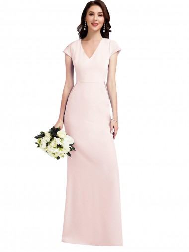 Compre Rosa línea A Cuello en V Crepé Elástico Largo Formales Vestidos de dama de honor / Vestidos de fiesta