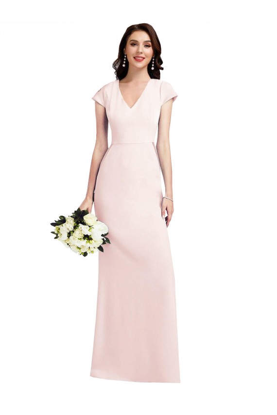 Compre Rosa línea A Cuello en V Crepé Elástico Largo Formales Vestidos de dama de honor / Vestidos de fiesta