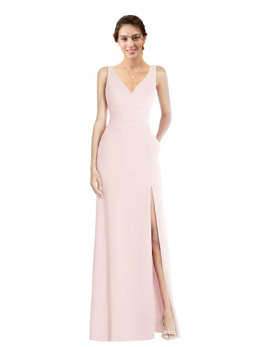Compre Rosa línea A Cuello en V Crepé Elástico Largo Vestidos de dama de honor / Vestidos de fiesta