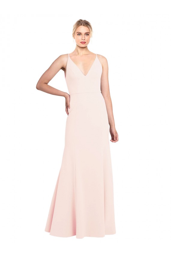 Compre Rosa línea A Cuello en V Cuello Alto Crepé Elástico Largo Formales Vestidos de dama de honor / Vestidos de fiesta