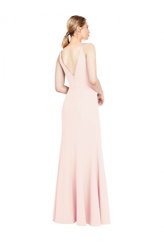 Compre Rosa línea A Cuello en V Cuello Alto Crepé Elástico Largo Formales Vestidos de dama de honor / Vestidos de fiesta