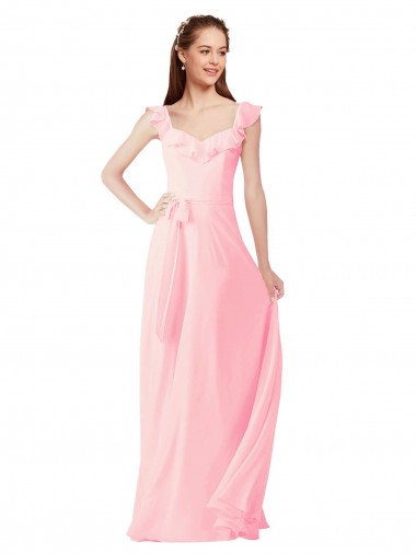 Compre Rosa línea A Cuello en V Gasa Largo Vestidos de dama de honor