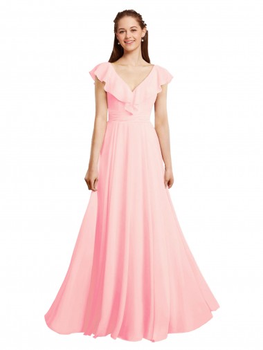 Compre Rosa línea A Cuello en V Gasa Largo Vestidos de dama de honor