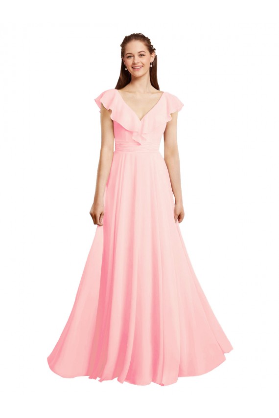 Compre Rosa línea A Cuello en V Gasa Largo Vestidos de dama de honor
