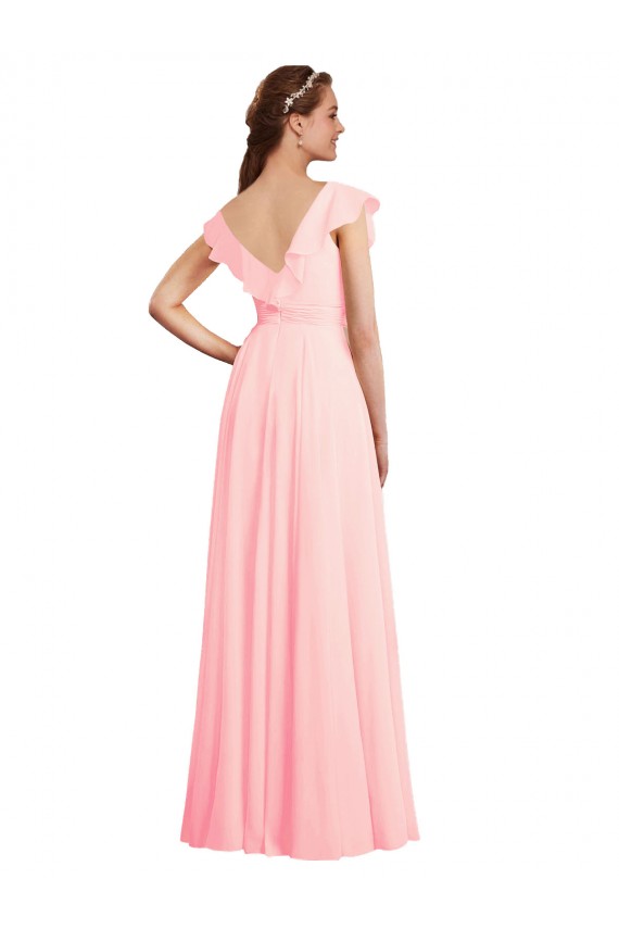Compre Rosa línea A Cuello en V Gasa Largo Vestidos de dama de honor