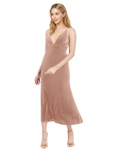 Compre Rosa línea A Cuello en V Midi Terciopelo Elástico Corto Vestidos de dama de honor / Vestidos de fiesta / Vestidos de cóctel