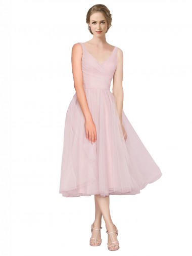 Compre Rosa línea A Cuello en V Tul Corto Vestidos de dama de honor / Vestidos de cóctel / Vestidos para homecoming