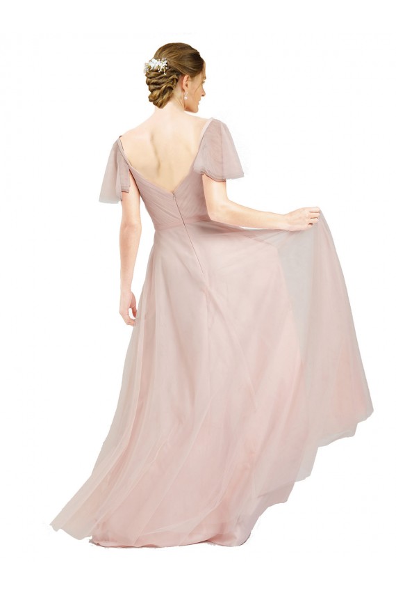 Compre Rosa línea A Cuello en V Tul Largo Vestidos de dama de honor