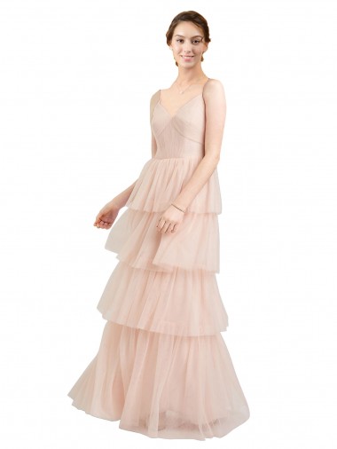 Compre Rosa línea A Cuello en V Tul Largo Vestidos de dama de honor