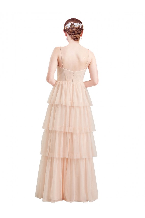 Compre Rosa línea A Cuello en V Tul Largo Vestidos de dama de honor