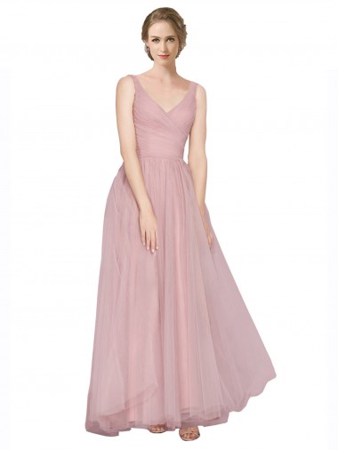 Compre Rosa línea A Cuello en V Tul Largo Vestidos de dama de honor