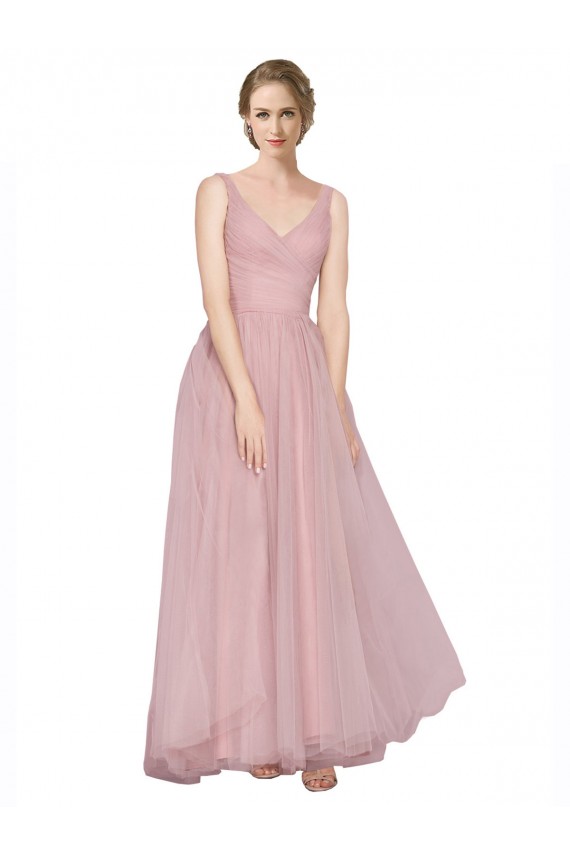 Compre Rosa línea A Cuello en V Tul Largo Vestidos de dama de honor