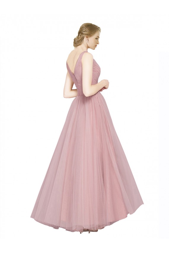 Compre Rosa línea A Cuello en V Tul Largo Vestidos de dama de honor