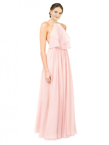 Compre Rosa línea A Halter Gasa Largo Vestidos de dama de honor