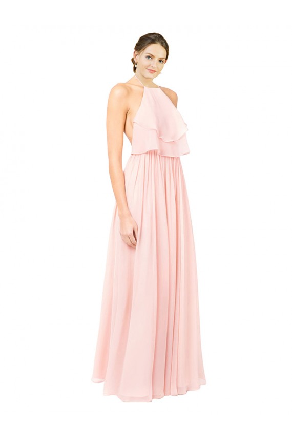 Compre Rosa línea A Halter Gasa Largo Vestidos de dama de honor