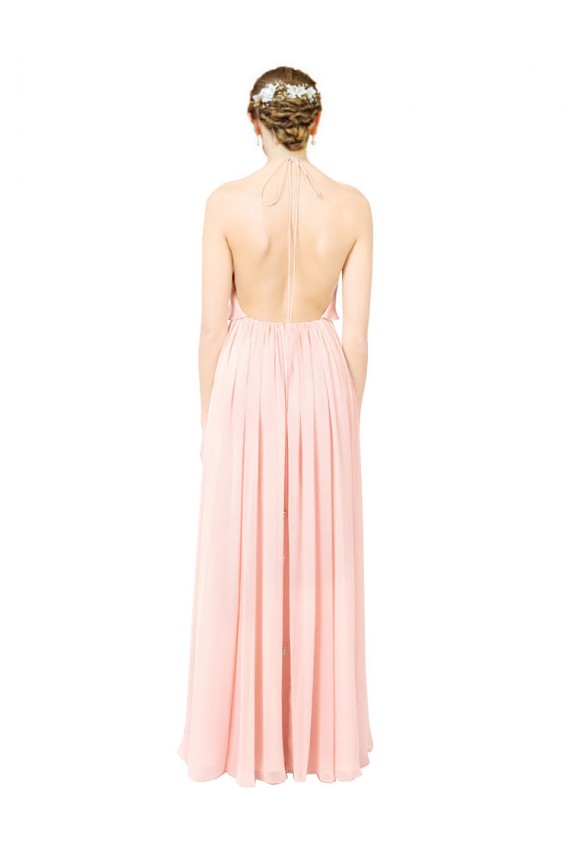 Compre Rosa línea A Halter Gasa Largo Vestidos de dama de honor