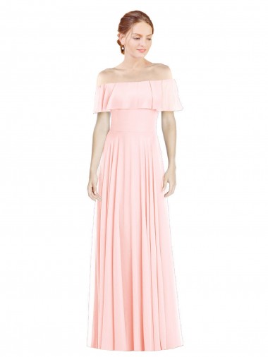 Compre Rosa línea A Hombros Descubiertos Cuadrado Gasa Largo Vestidos de dama de honor